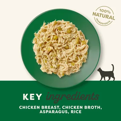 Key ingredients: chicken breast, chicken broth, asparagus, rice. 100% natural ingredients shown with food on a plate.
