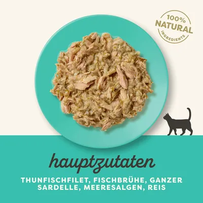 Hauptzutaten: Thunfischfilet, Fischbrühe, ganzer Sardelle, Meeresalgen, Reis. 100% natürliche Zutaten. Silhouette einer Katze rechts unten.