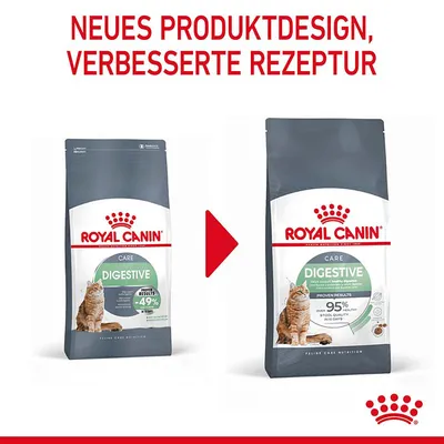 Royal Canin Digestive Care Katzenfutter. Neues Produktdesign, verbesserte Rezeptur mit 95% Verdauungsqualität in 10 Tagen. Vergleich von alter und neuer Verpackung.