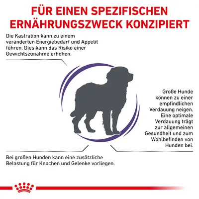 Designed for a specific nutritional purpose. Information on digestion, weight gain, and strain on bones and joints in large dogs after neutering.
