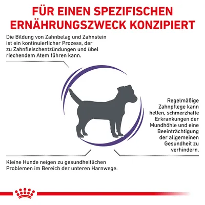 Für einen spezifischen Ernährungszweck konzipiert. Hinweise zu Zahnsteinbildung, Zahnpflege und gesundheitlichen Problemen bei kleinen Hunden im Bereich der unteren Harnwege.
