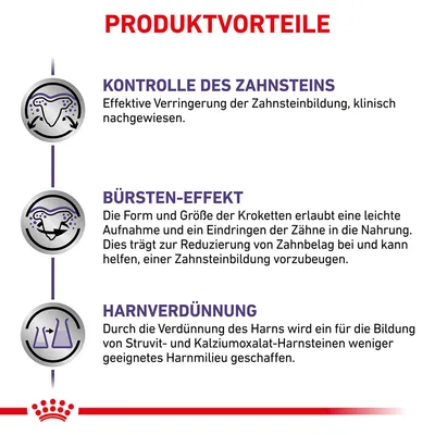 Produktvorteile: Kontrolle des Zahnsteins, Bürsten-Effekt zur Reduzierung von Zahnbelag, Harnverdünnung zur Vorbeugung von Struvit- und Kalziumoxalat-Harnsteinen.