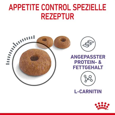 Appetite Control spezielle Rezeptur. Angepasster Protein- und Fettgehalt, L-Carnitin. Abgebildete Kroketten mit Loch in der Mitte.