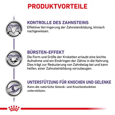 Produktvorteile: Kontrolle des Zahnsteins, Bürsten-Effekt zur Reduzierung von Zahnbelag, Unterstützung für Knochen und Gelenke. Klinisch nachgewiesene Wirksamkeit.