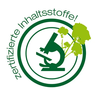 Zertifizierte Inhaltsstoffe! Symbol eines Mikroskops mit grünen Pflanzen im Hintergrund.