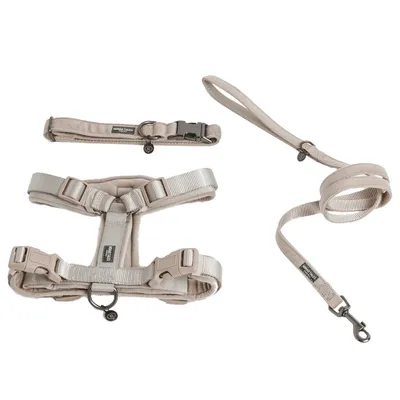 Beiges Set aus Hundegeschirr, Halsband und Leine mit verstellbaren Gurten und Metallringen. Markenlabel 'Nomad Tales' sichtbar.