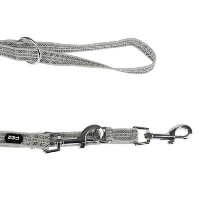Laisse grise pour chien avec boucle réglable et deux mousquetons en métal, adaptée pour une fixation sécurisée.