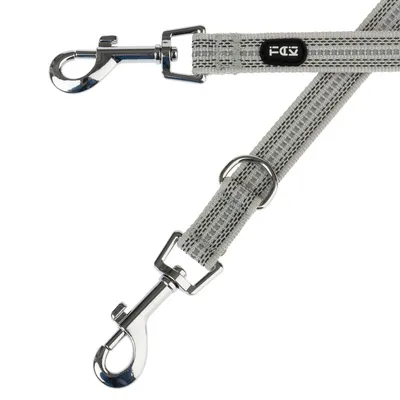 Laisse grise pour chien avec deux mousquetons en métal et un anneau en D, logo de la marque FDC visible.