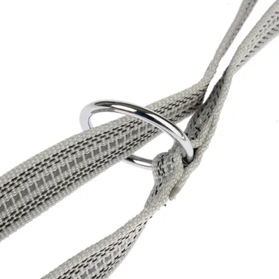 Gros plan sur une sangle grise tissée avec un anneau en métal argenté. Montre la finition et la qualité du matériau.