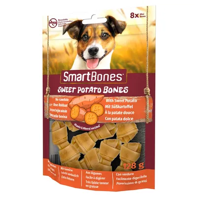 SmartBones Sweet Potato Bones, brez surove kože, s sladkim krompirjem, obogateni z vitamini in minerali, lahko prebavljivi, posebej z nizko vsebnostjo maščob. Vsebina: 128 g, 8 mini kosti.