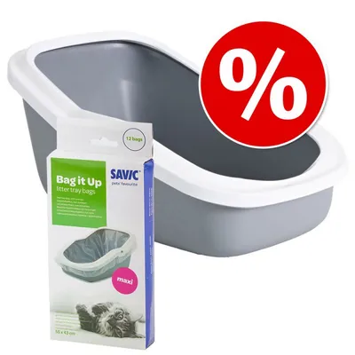Kattenbak met witte rand en verpakking Savic Bag it Up litter tray bags, 12 stuks, maxi, 55×43 cm. Rood kortingssymbool zichtbaar.
