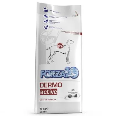 Sacchetto di crocchette Forza10 Dermo Active Canine Formula, 10 kg, con illustrazione di cane e testo 'Active Fresh System'.