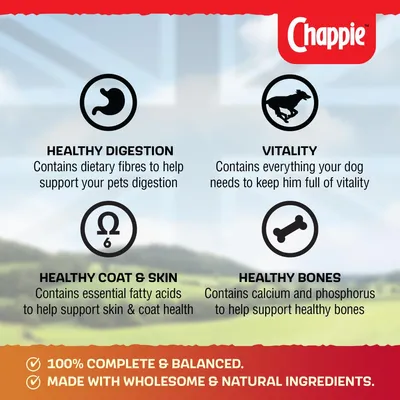 Healthy digestion with dietary fibres, vitality support, essential fatty acids for coat and skin, calcium and phosphorus for bones. 100% complete and balanced, made with natural ingredients.