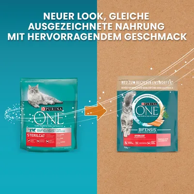 Purina ONE Sterilcat. Neuer Look, gleiche ausgezeichnete Nahrung mit hervorragendem Geschmack. Verpackung jetzt recycelbar, behält Qualität und Geschmack.
