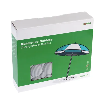 Kühldecke Bubbles, Cooling Blanket Bubbles, wymiary: 50 x 90 cm. Opakowanie pokazuje wzór produktu i symbol funkcji chłodzenia.