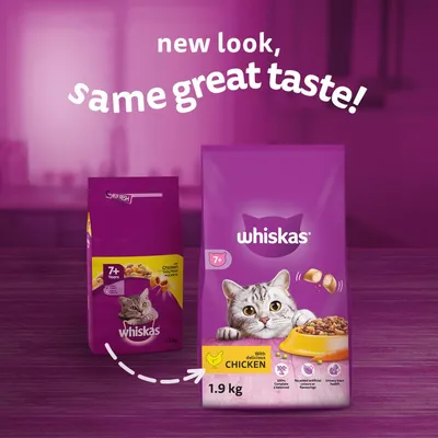 Whiskas chicken flavour 1.9kg food for cats aged 7+ years, showing new packaging design with the text 'new look, same great taste!'