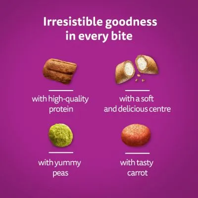 Text på engelska: Irresistible goodness in every bite. with high-quality protein, with a soft and delicious centre, with yummy peas, with tasty carrot.