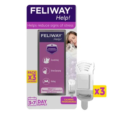 Feliway Help calming pheromones, helps reduce signs of stress such as scratching, urine spraying and hiding. Pack contains 3 cartridges for a 21 day supply. Veterinary recommended.