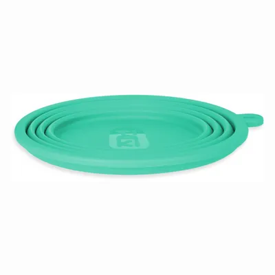 Green foldable silicone bowl with logo print, ideal for travel.