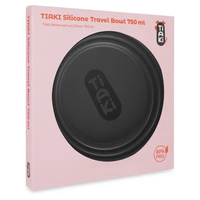 TIAKI bol de călătorie din silicon, capacitate 750 ml, fără BPA. Bol negru în ambalaj cu fundal roz.