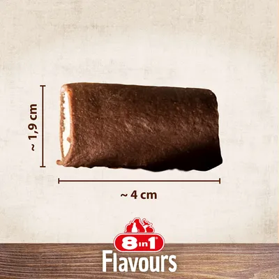8in1 Flavours prigrizek, mere: dolžina približno 4 cm, premer približno 1,9 cm.