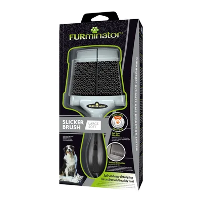 FURminator Slicker Brush Large Soft, suitable for silky and wiry coats. Stainless steel bristles, safe and easy detangling for clean and healthy fur.