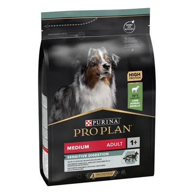 Purina Pro Plan Medium Adult Sensitive Digestion, основна съставка агнешко, за кучета над 1 година. Високо съдържание на протеин, без добавени оцветители, рециклируема опаковка.