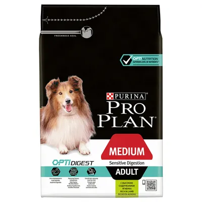 Опаковка Purina Pro Plan Medium Adult Sensitive Digestion с агнешко, изображение на куче, надписи OPTIDIGEST, Superior Level of Nutrients, съдържа агнешко, за чувствително храносмилане.