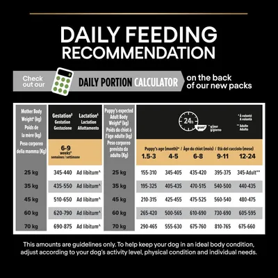 Daily feeding recommendation chart showing portion sizes by mother and puppy weight, age in months, and gestation or lactation stage. Includes daily portion calculator notice.