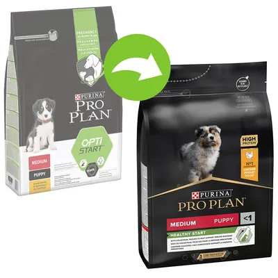 Due confezioni di Purina Pro Plan Medium Puppy, una con etichetta Opti Start e l'altra Healthy Start, freccia verde indica cambio di packaging. Testo visibile: High Protein, No1 ingrediente pollo.