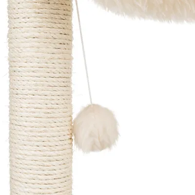 Cat tree wrapped with sisal and hanging faux fur play ball.
