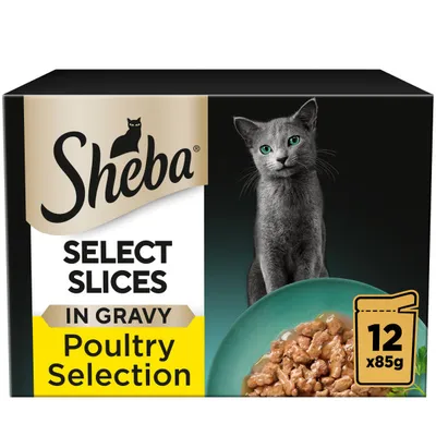 Select Slices in Gravy Poultry Selection, 12 packs of 85g each, shown with a bowl of food and product details on the packaging.