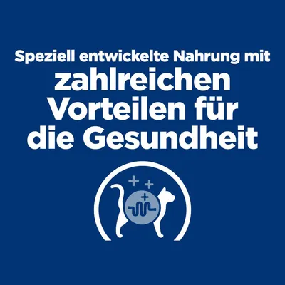 Speziell entwickelte Nahrung mit zahlreichen Vorteilen für die Gesundheit. Symbol eines Hundes und einer Katze mit Gesundheitsikonen.