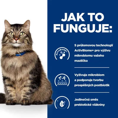 Grafika s mačkou a textom o technológii ActivBiome+, podpore mikrobiómu a jedinečnej zmesi prebiotických vláknin. Text v češtine. Grafika s mačkou a textom o technológii ActivBiome+, podpore mikrobiómu a jedinečnej zmesi prebiotických vláknin. Text v češtine.