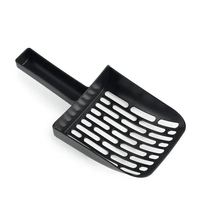 Black plastic litter scoop with ergonomic handle and slots for easy cleaning of cat litter.