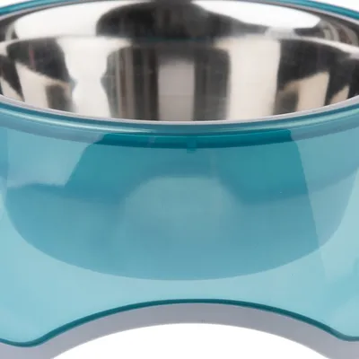 Futternapf aus Edelstahl mit blauem Kunststoffgehäuse, geeignet für Futter oder Wasser.