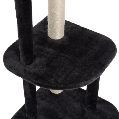 Cat tree with black plush cover and sisal-wrapped scratching post, two square platforms visible.