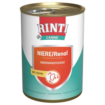 Conservă Rinti Canine NIERE/Renal Niereninsuffizienz, mit Huhn. Text suplimentar: niedriger Proteingehalt, natriumarm, phosphor reduziert. Text în germană.