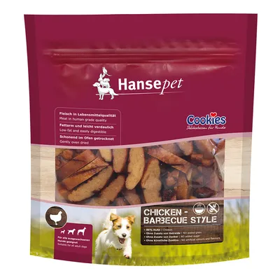 Hansepet Cookies stil barbecue cu pui, 86% pui, sărace în grăsimi, ușor digerabile, fără cereale, zahăr și aditivi artificiali, uscate delicat la cuptor. Potrivite pentru toți câinii adulți.