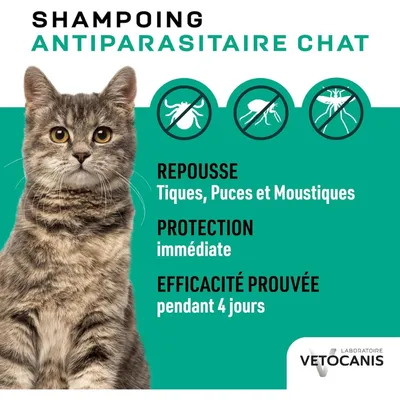 Shampooing répulsif contre les puces et les tiques Vetocanis pour chat Shampooing répulsif contre les puces et les tiques Vetocanis pour chat