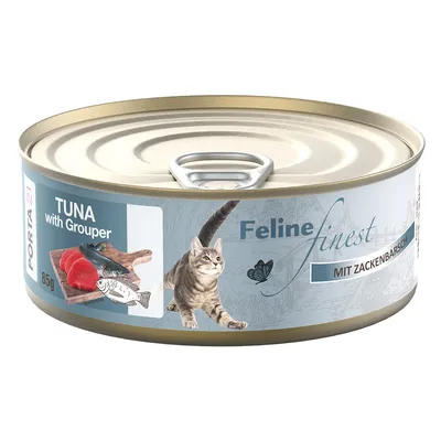 Porta 21 Feline Finest, tunfisk med havaborre, 85g dåse. Billede af fiskestykker og en kat på emballagen.