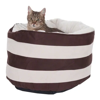 Gestreiftes braun-weisses Haustierbett mit weicher Polsterung, Katze sitzt darin.