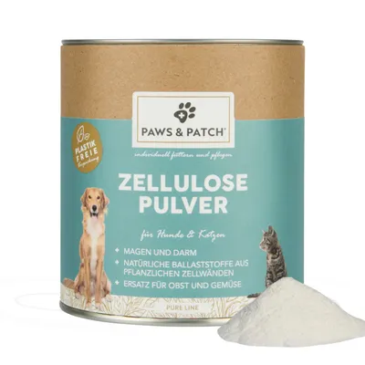 Paws & Patch cellulose powder for dogs and cats. Plastic-free packaging, natural fibre, substitute for fruit and vegetables, supports stomach and intestines.
