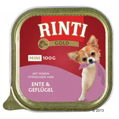 RINTI GOLD MINI 100G, mit feinen Stückchen von Ente & Geflügel. Billede af lille hund på emballagen.