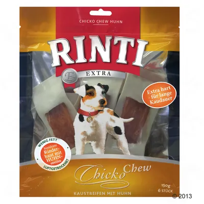 Ambalaj Rinti Extra Chicko Chew Huhn, 150g, 6 bucăți. Text vizibil: 'Extra hart für lange Kaudauer', 'wenig Fett', 'bissfeste Rinderhaut mit Huhnstreifen luftgetrocknet'.
