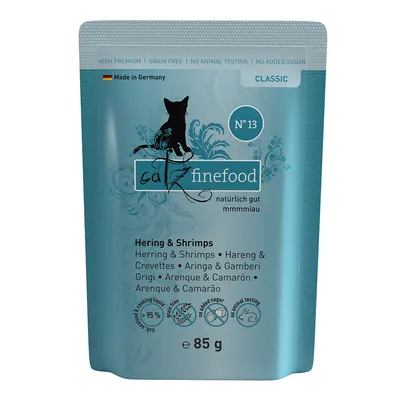 Catz Finefood Classic Nr. 13, hering și creveți, 85g. Fabricat în Germania, fără cereale, fără teste pe animale, fără adaos de zahăr, conține lichid de gătit (95%).