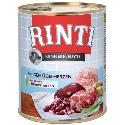 RINTI Kennerfleisch dåse med teksten 'MIT GEFLÜGELHERZEN' og 'mit ganzen Hühnerherzen', billede af kød og hjerter på etiketten.