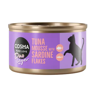 Cosma Pure Love Duo Layer. Mousse od tune s listićima sardine, ljubičasta limenka sa siluetom mačke i simbolima ribe.