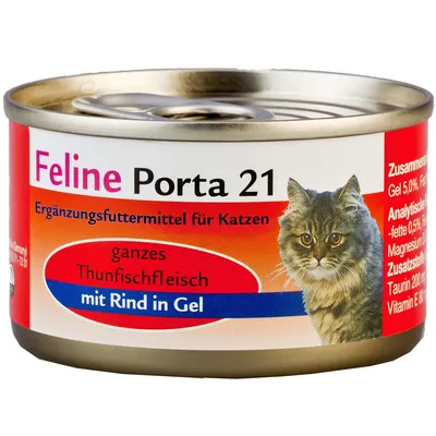 Feline Porta 21 -täydennysravinto kissoille, ganzer Thunfischfleisch mit Rind in Gel. Kuvassa kissanruokapurkki ja kissan kuva etiketissä. Teksti saksaksi.