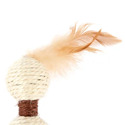 Juguete de cuerda blanca con detalles marrones y plumas beige.